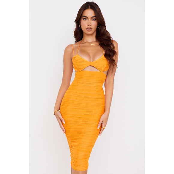 House of CB Dresses & Skirts - House of CB Tibi Cutout Ruched Midi Dress in Tangerine, size M